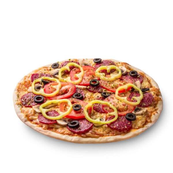Three Topping Pepperoni, Bacon, & Mushroom Pizza