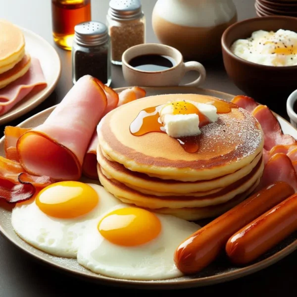 Two Hot Cakes with Two Eggs and your choice of ham, sausage, or bacon