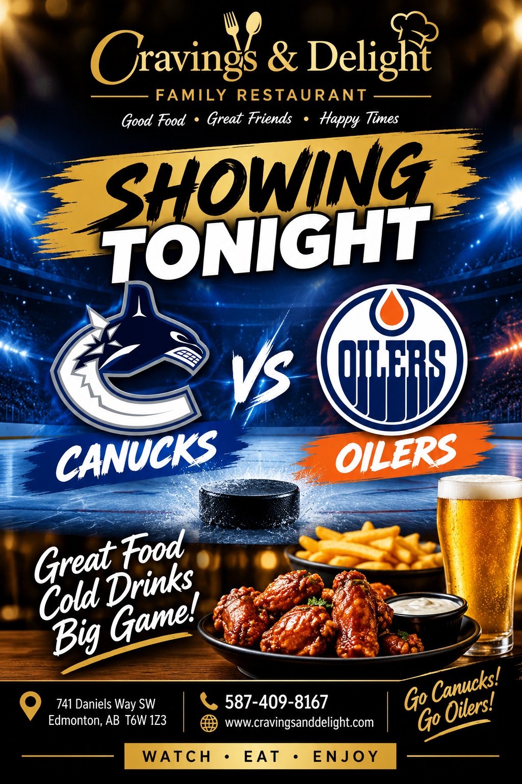 Watch hockey at Cravings and Delight in Desrochers, SW Edmonton