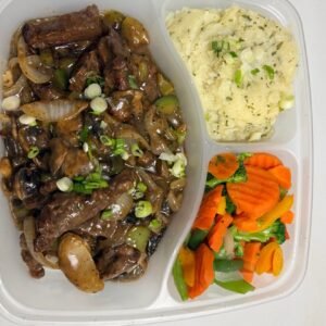 Beef stir fry takeout tray at Cravings and Delight